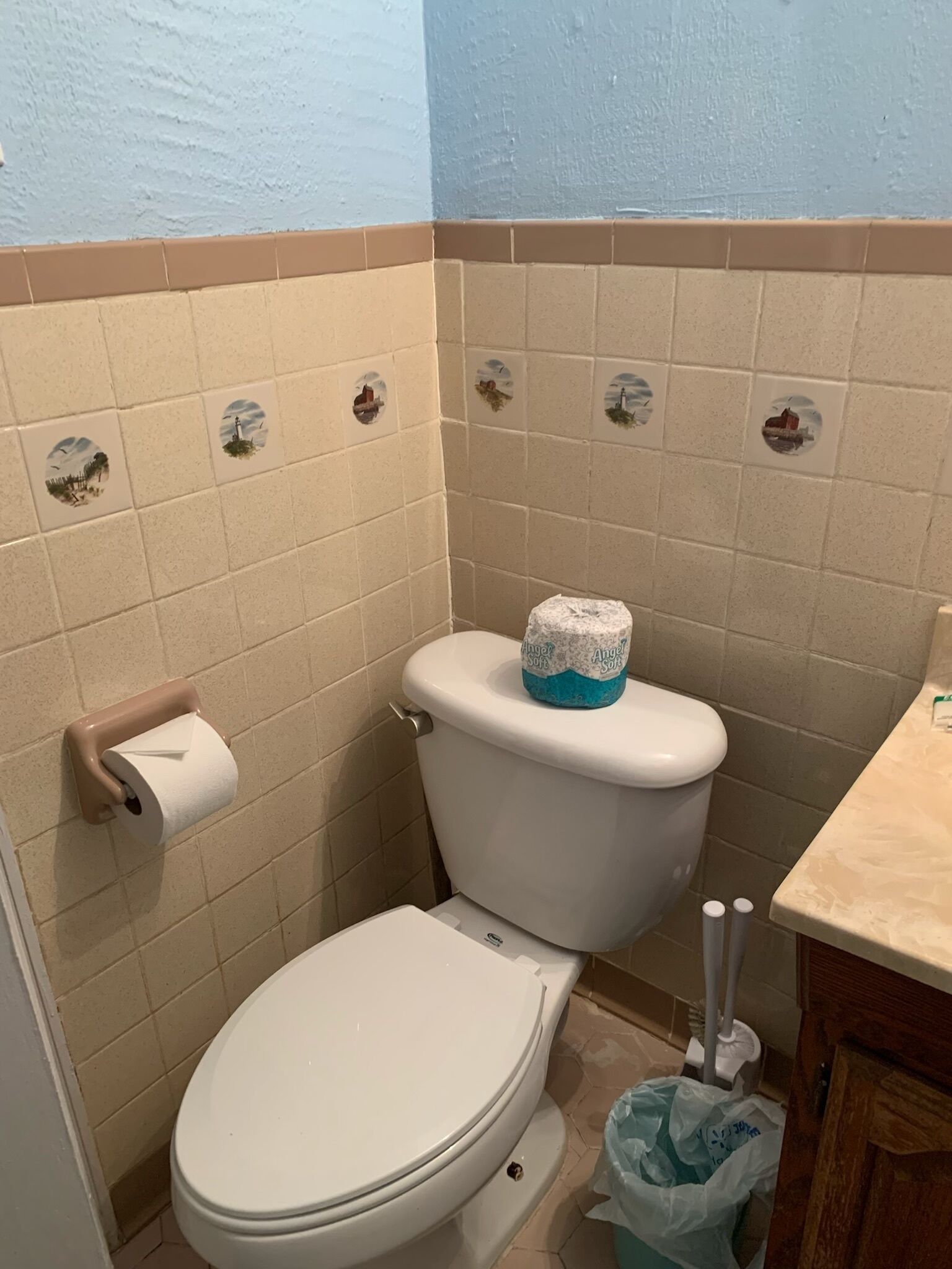 Un baño con inodoro, rollo de papel higiénico y cubo de basura.