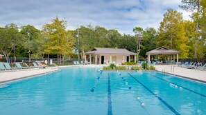 A swimming pool with clear lanes, lounge chairs, and a pavilion. - Beach Villa w/ 4-Seat GOLF CART! Near Beach & Pool. Screened Porch, Yard (Miramar Beach)