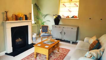 Een woonkamer met een open haard, een bank, een salontafel, een stoel en een kast.