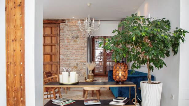 Una stanza con parete in mattoni, arredi in legno, un lampadario, una pianta in vaso e un divano blu.