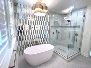 Shower, hair dryer, towels - Jimmy's Hideaway #131 Sound Front, Private Dock, Hot Tub, Pet-Friendly! (Wrightsville Beach)