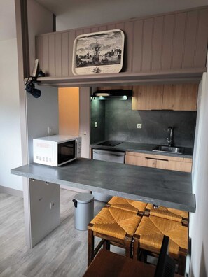 Fridge, microwave, stovetop, electric kettle