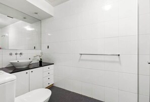 Shower, hair dryer, towels