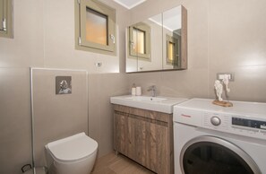 Moderni kylpyhuone, jossa on wc, pesuallas ja pesukone.