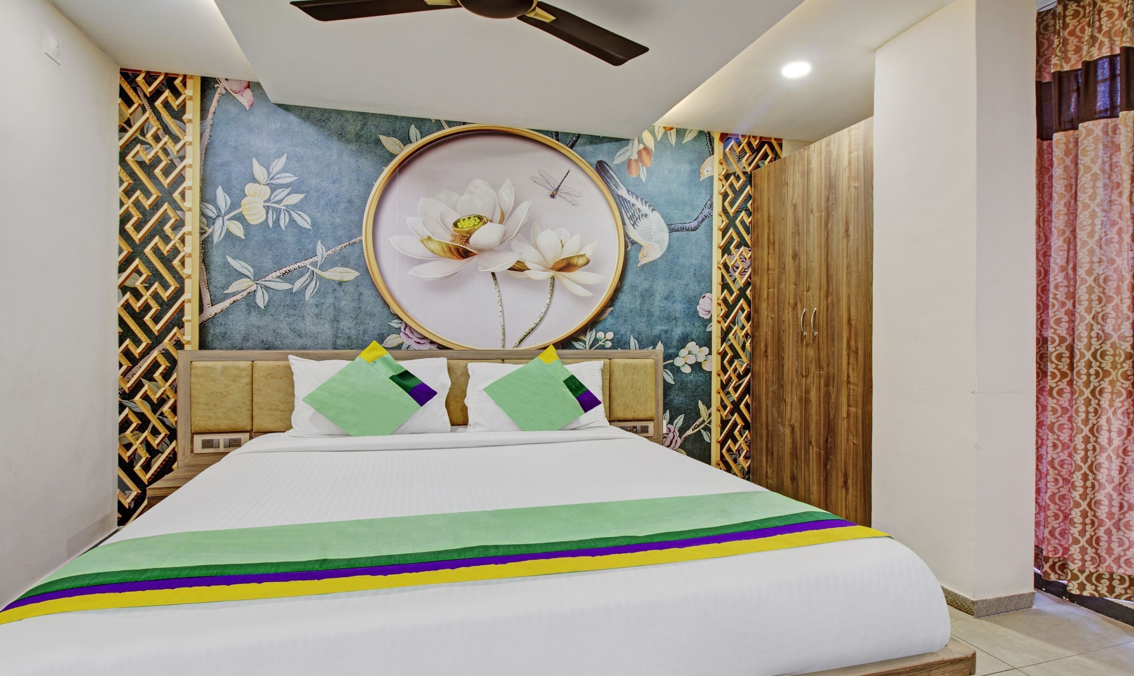 Desk, iron/ironing board, bed sheets