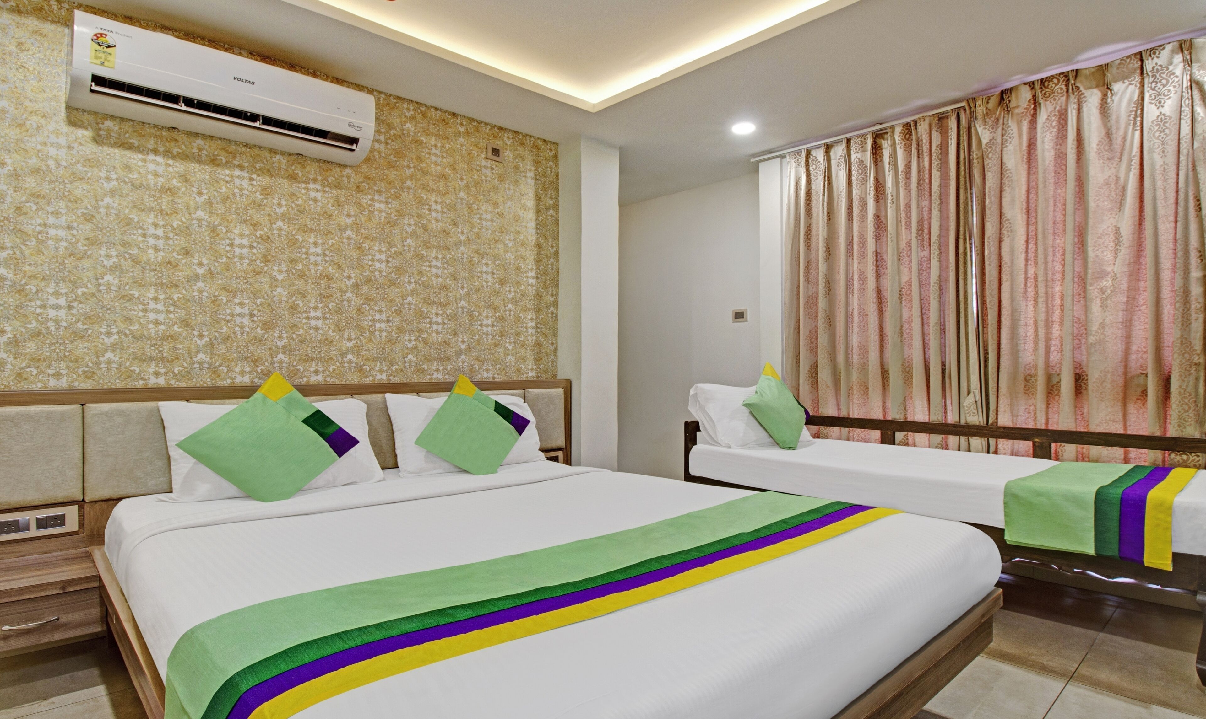 Desk, iron/ironing board, bed sheets