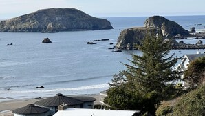 A coastal view with rocky outcrops and a beach. - Spectacular Ocean Front Views "Sea Star Escape" A (Brookings)