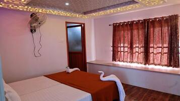A room with a bed, a window with curtains, a ceiling fan, and a door.