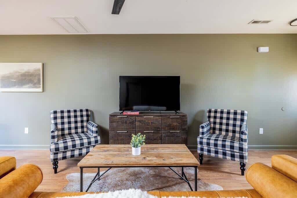 A living room with a flat-screen TV on a wooden cabinet, two checkered armchairs, a coffee table with a plant, and a fur rug.