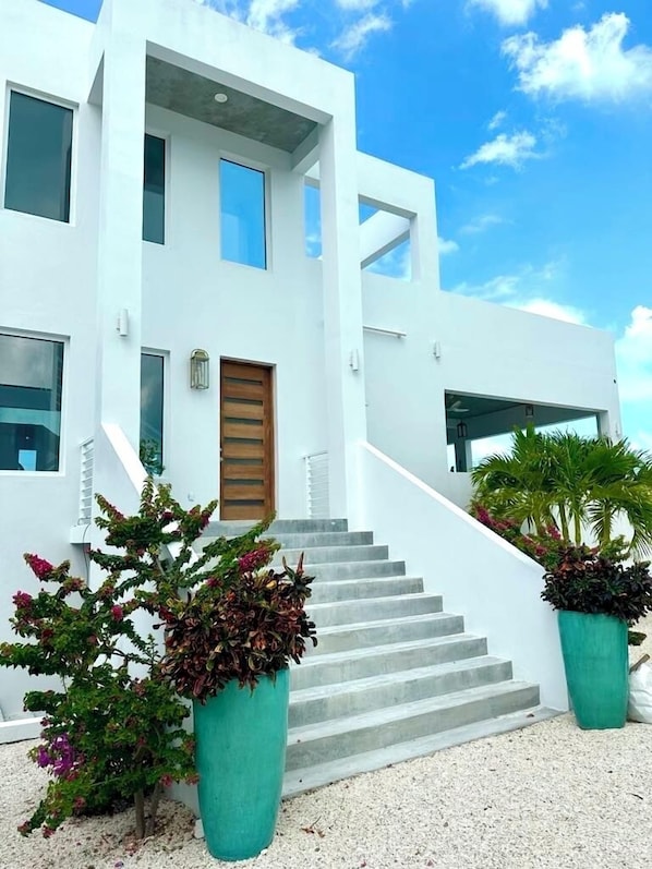Edifici modern i blanc amb una escala que condueix a l'entrada, envoltat de plantes en testos grans.