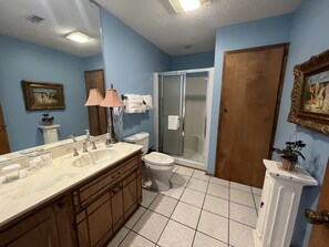 A bathroom with a large mirror, two sinks, a toilet, and a shower.