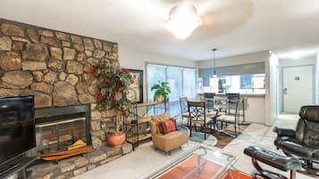 Smart TV, fireplace, books