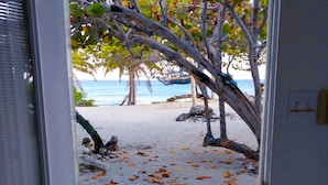 Vista a través de una puerta a una playa con una hamaca y árboles.