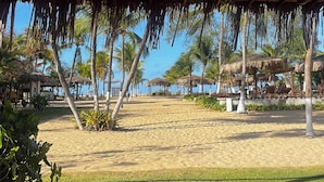 Un espace aménagé au bord de la plage, doté d’une structure à toit de chaume, de palmiers et d’une plage de sable.