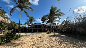 Une propriété située en bord de mer, avec une grande maison, des palmiers et une plage de sable.