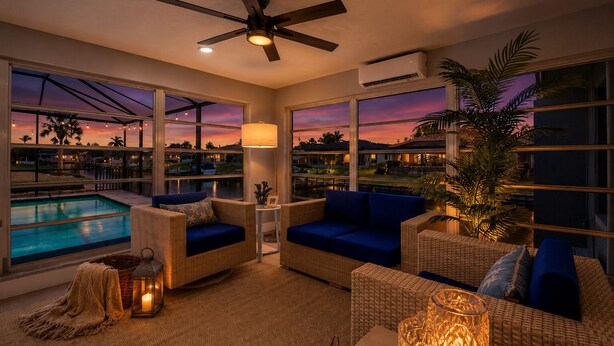 A room with a pool, wicker furniture, a ceiling fan, and large windows with a view. - Sunset Lanai & Screened Pool · Waterfront Views (Cape Coral)