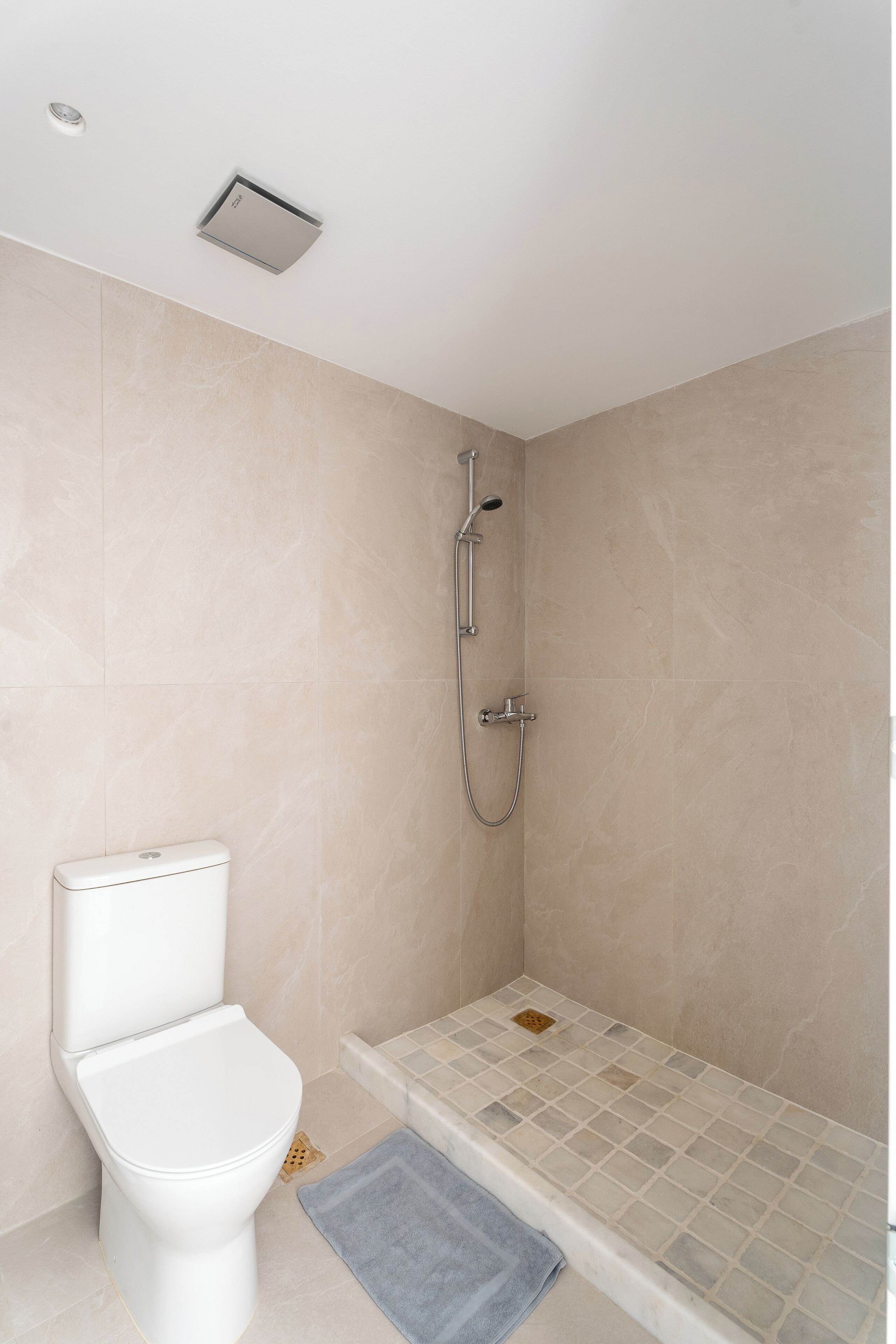 A bathroom with a toilet, a shower with a tiled floor, and a small rug.