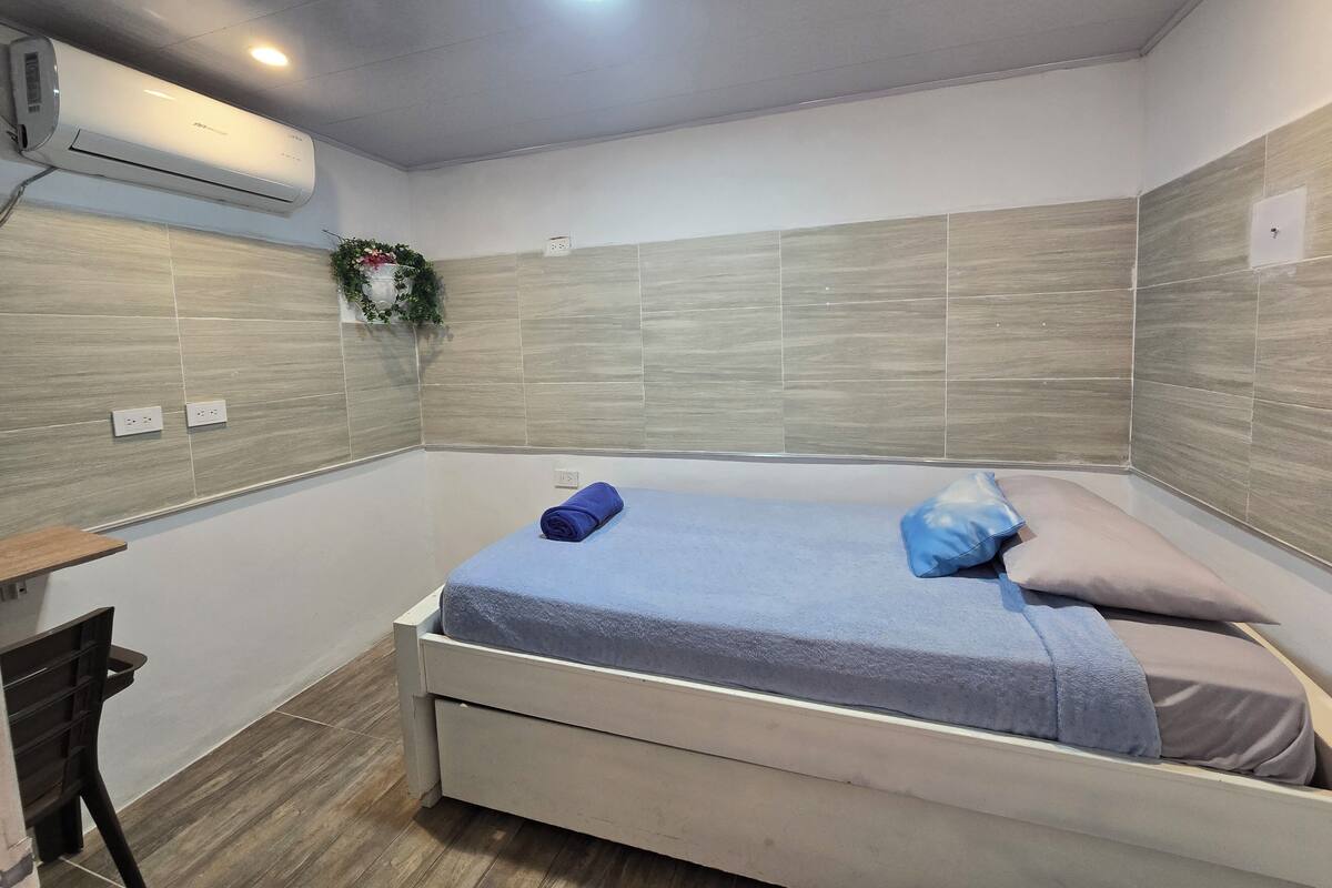 A room with a bed, a desk, an air conditioner, and a wall-mounted plant.