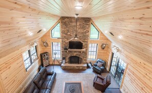 TV, fireplace, books