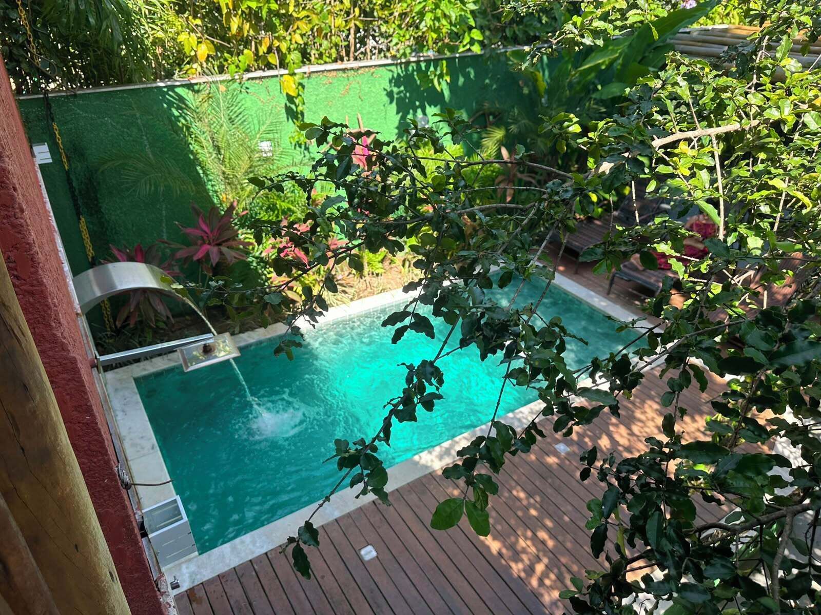A swimming pool with a wooden deck, surrounded by lush greenery and a green fence.