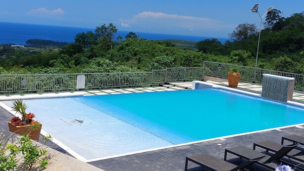 Une piscine rectangulaire à l’eau d’un bleu limpide, entourée d’une rambarde métallique. On y trouve des chaises longues et des plantes en pot à proximité.
