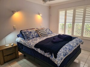 Main bedroom; the blue room. Luxury electric adjustable bed and flat screen TV