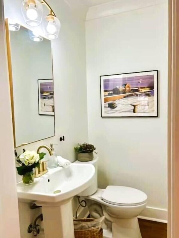 A bathroom with a white sink, a toilet, and a mirror. There is a framed picture on the wall and a small plant on the counter. - Walk to Campus & Square*Pets Welcome*Luxury Home (Oxford)