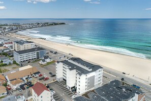 On the beach, sun loungers