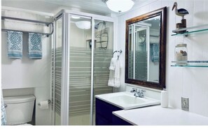 Shower, hair dryer, towels, toilet paper