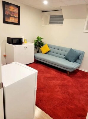 Cozy living space with a kitchenette, sofa, and potted plant.
