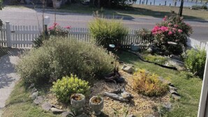 A view through a window of a building with a garden in front, featuring a variety of plants and flowers. - Oysterhaven Cottage with partial Water views! New balcony! Close to Fairgrounds! (Chincoteague)