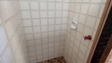 Regadera, toallas, jabón, papel de baño