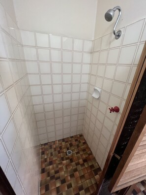 Shower, towels, soap, toilet paper
