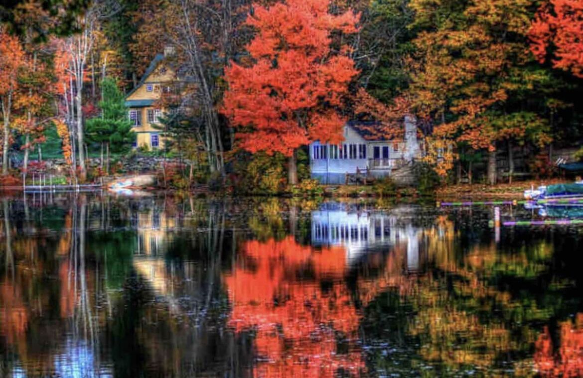 A lakeside cabin with a dock, surrounded by autumn foliage.