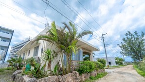 A two-story house with a sloped roof, surrounded by a stone wall and various tropical plants.