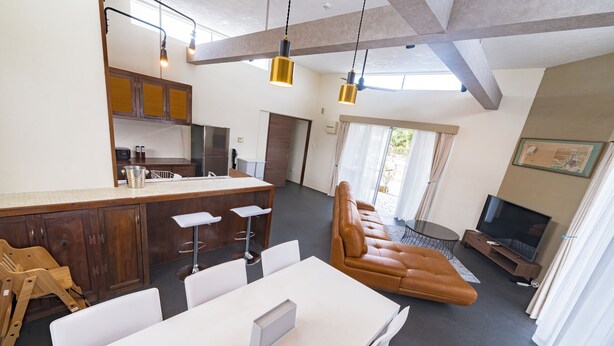A modern living space with a dining area, a sofa, a TV, and a kitchen.