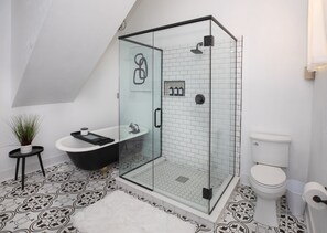 Shower, hair dryer, towels, soap