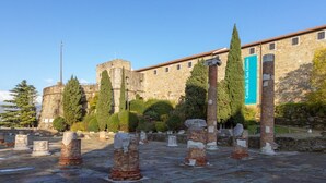 An outdoor courtyard with stone columns, a historic building with a flag, and a banner reading "Castello di San Giusto". - Casetta PesceBlu, a stay with a unique style (Trieste)