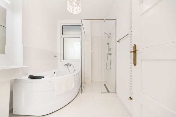 Shower, hair dryer, towels, soap