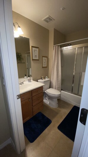 Hair dryer, towels, soap, shampoo