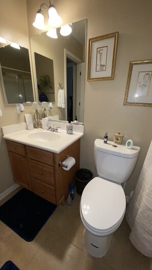 Hair dryer, towels, soap, shampoo