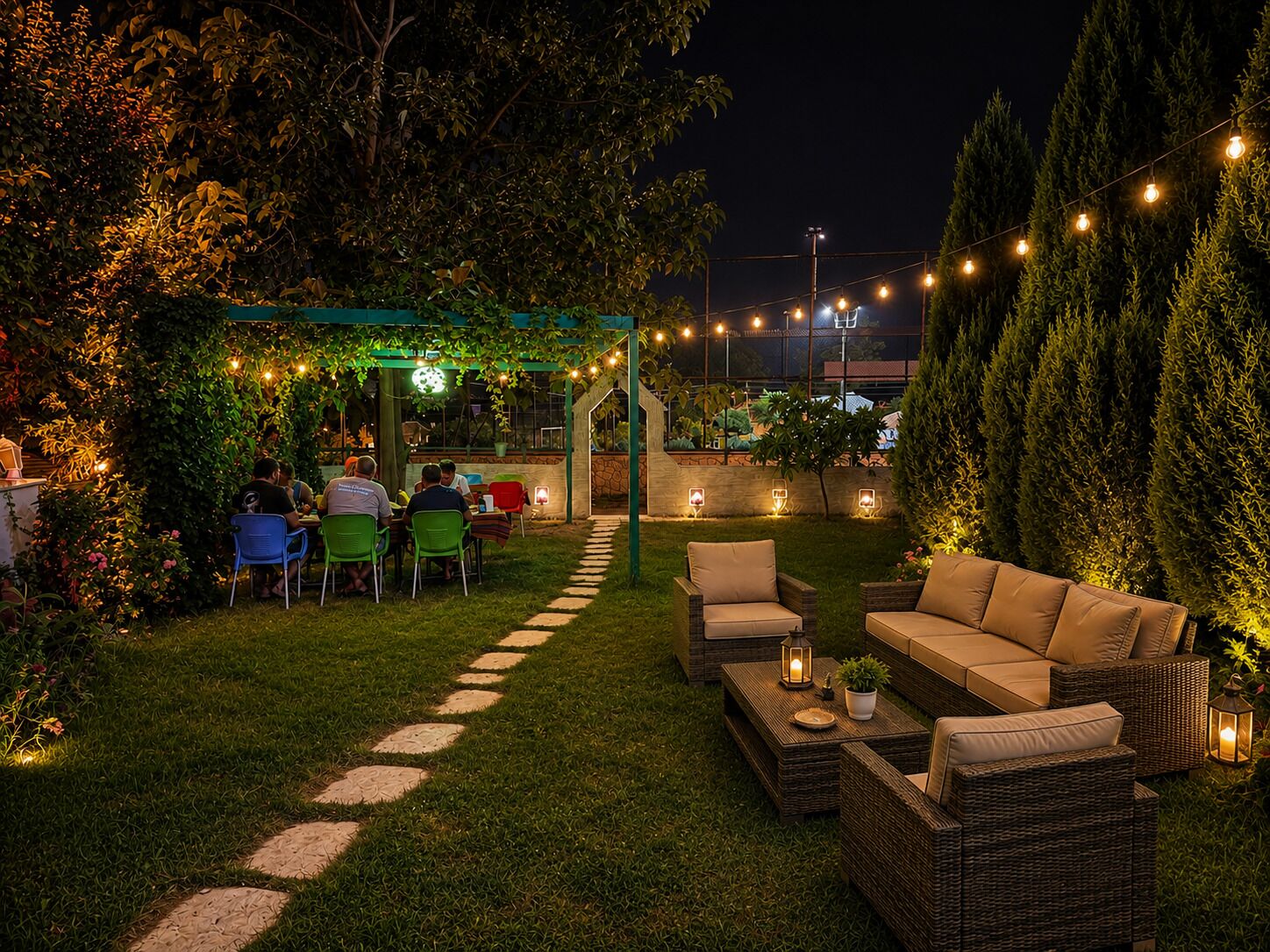 Un'area patio esterna con posti a sedere, luci a stringa e un vialetto.
