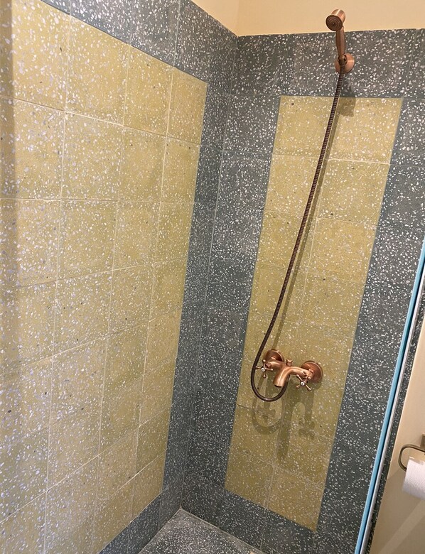 A shower with a handheld showerhead and a wall-mounted faucet. - Dar Alice (Tyre)