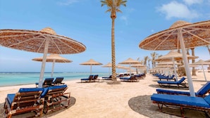 Een strand met rijen ligbedden en rieten parasols, palmbomen en een helder uitzicht op de oceaan.