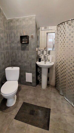 Shower, free toiletries, hair dryer, slippers