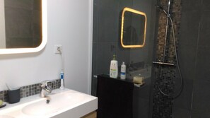 Shower, hair dryer, towels, soap