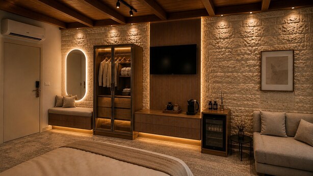 A bedroom with a bed, a wardrobe, a television, a sofa, and a small table. - Via Maria Boutique Suites (Haifa)