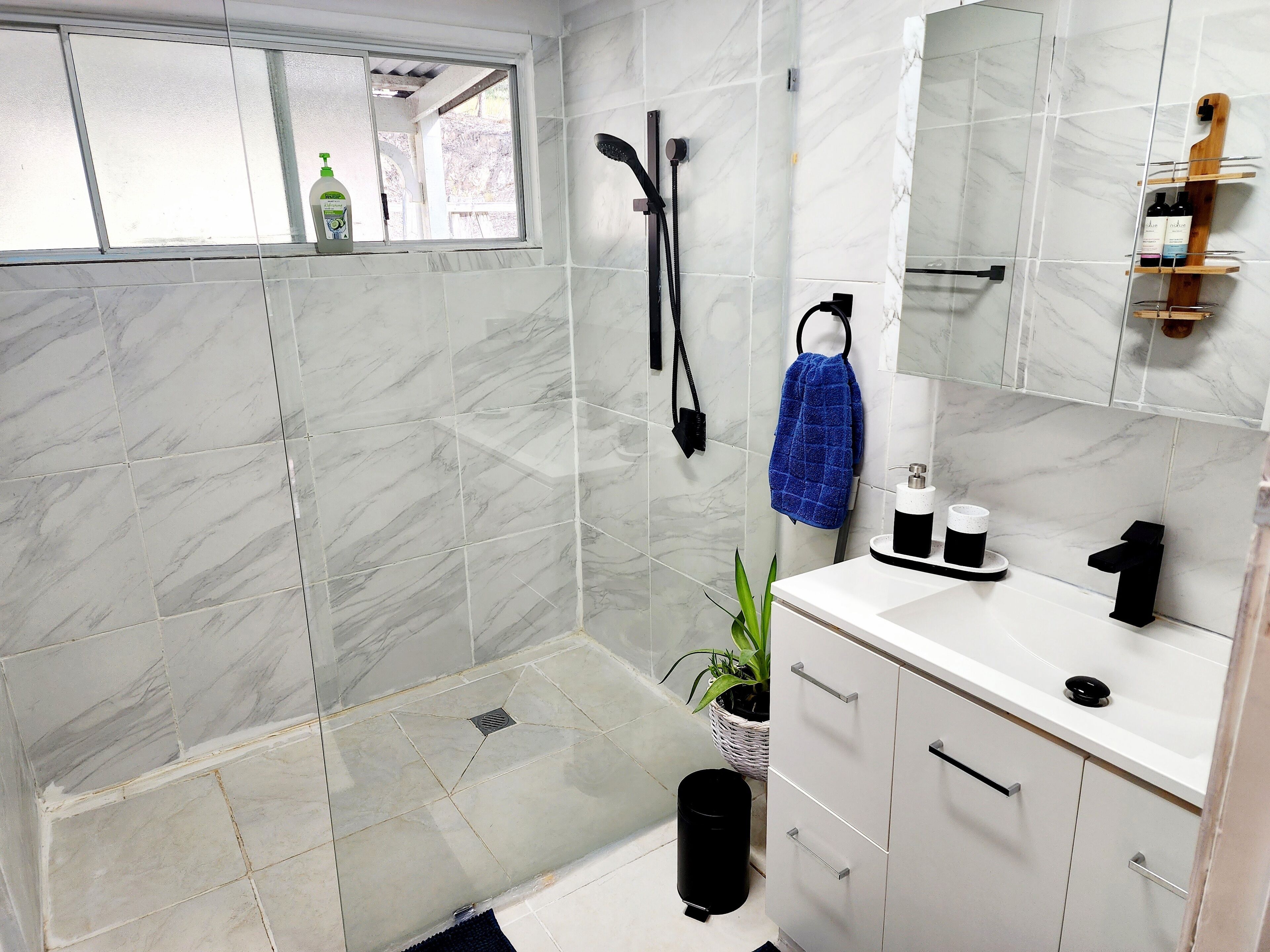 Hair dryer, towels, soap, shampoo