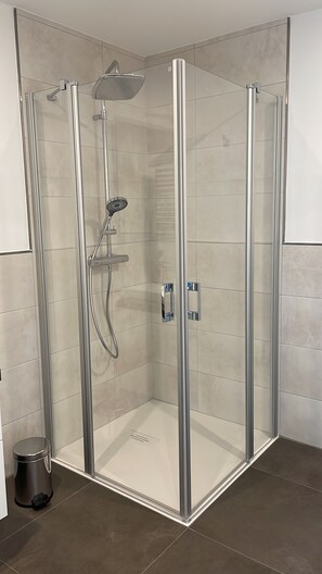 Eine Duschkabine mit Glaswänden, einer Handbrause, einem Wandarmaturen-Set und einer Bedienkonsole.