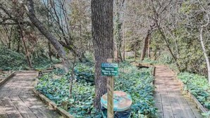 A wooden boardwalk with a caution sign warning of slippery conditions when wet or icy. - Private Entry Elegant Quiet Safe Cozy Studio Suite  (Pleasant Hill)